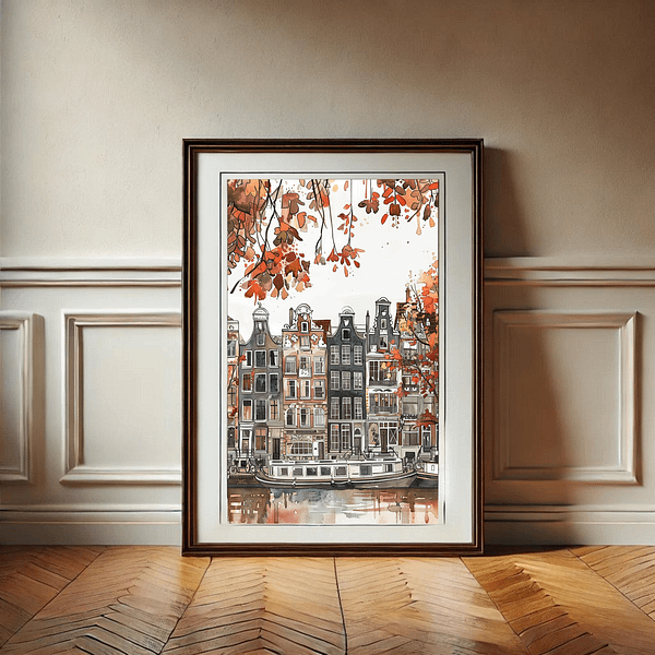 Amsterdam autumn art print in an elegant room with wainscoted walls and wooden flooring. The soft autumn colors of the artwork harmonize with the room’s classic, neutral decor.