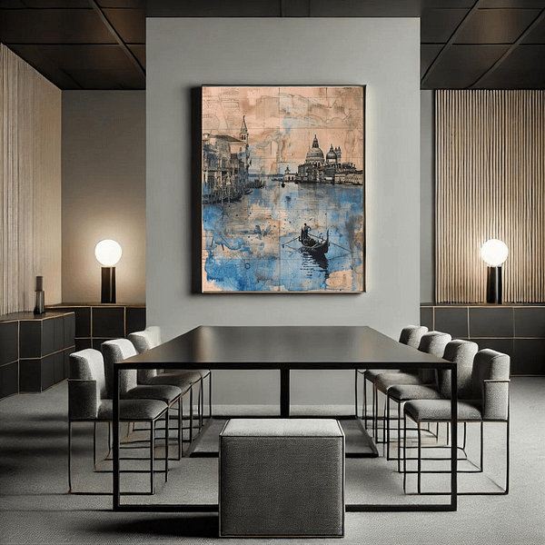 A vertical Venice digital art in a black frame on a sleek, modern gray wall. The dining room's minimalist decor and neutral tones emphasize the artwork’s detailed blues and tans.