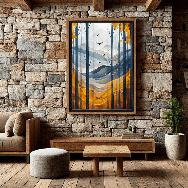 A cozy, rustic living room with exposed stone walls and wooden furniture, the Aspen Autumn Wall Art in warm autumn tones adds contrast and depth to the natural textures.