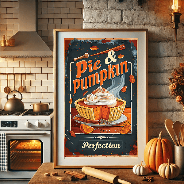 The retro autumn poster hangs in a cozy, rustic kitchen. The warm lighting and fall-themed decor, including pumpkins and baking supplies, enhance the inviting atmosphere.