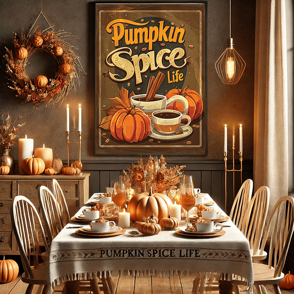 A "Pumpkin Spice Life" poster framed above a fall-themed dining table with pumpkins, warm lighting, and rich autumn colors, ideal for creating a nostalgic autumn retro decor dining experience.