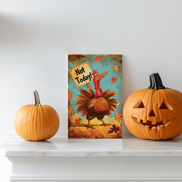 "Funny Thanksgiving Art" with a turkey holding a "Not Today" sign, framed on a mantelpiece alongside a carved pumpkin and cozy autumn accessories. The warm orange and yellow hues stand out in a minimalist, autumnal home setup.