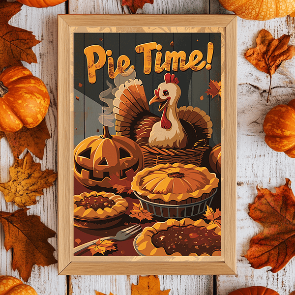 In this mockup, the Funny Fall Poster is framed and displayed in a rustic cafe setting. The cafe is decorated with wooden furniture, pies, and pumpkins, evoking a warm, autumnal feeling. The dominant colors are warm orange, beige, and wood tones, enhancing the cozy atmosphere.