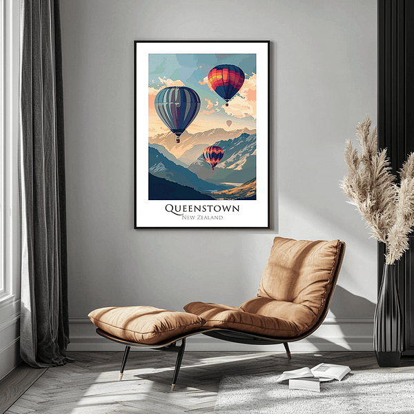 Queenstown Travel Poster in a rustic living space, featuring hot air balloons floating over New Zealand’s picturesque mountains.