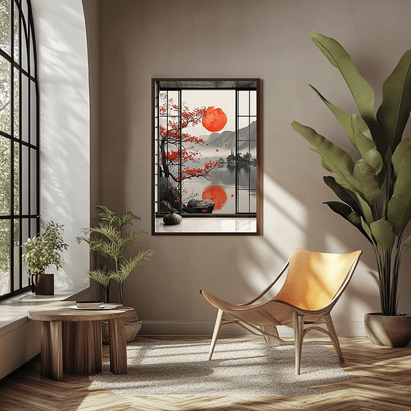 This bright living room features Japandi Autumn Art on a light beige wall. The framed artwork of a red sun and autumn leaves is set in a natural wood frame, with warm-toned furniture and natural light from a large window completing the peaceful atmosphere.