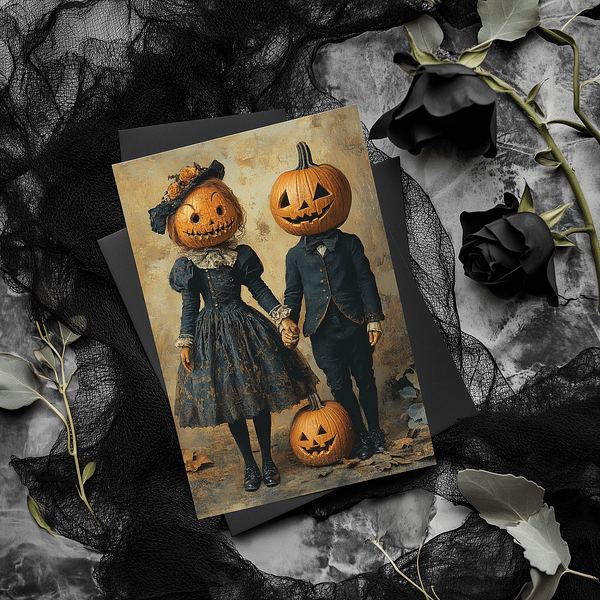 An elegant Victorian room with a black frame on a mantel showcasing two pumpkin-headed figures. The Victorian Halloween Art is surrounded by lit jack-o-lanterns, antique furniture, and dark wood floors, creating a perfect gothic Halloween setting.