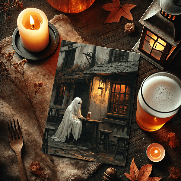 A cozy Gothic Wall Art of a ghost in a pub, framed and placed on a wooden table. Beside it are glowing candles, a glass of beer, and Halloween decorations like autumn leaves. The soft candlelight complements the warm glow from the pub window, contrasting with the dark decor.