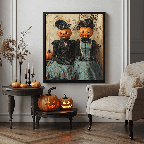 Gothic home decor with pumpkin head Victorian art framed with golden ornate details.