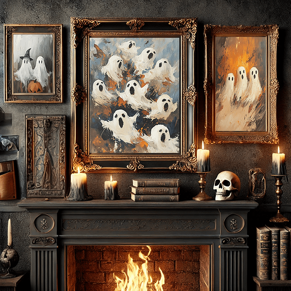 A trio of ghost-themed artworks framed in ornate gold above a fireplace, surrounded by candles and skulls. This Halloween Ghost Decor's gothic, eerie atmosphere makes it a perfect fit for darker, vintage-style interiors.