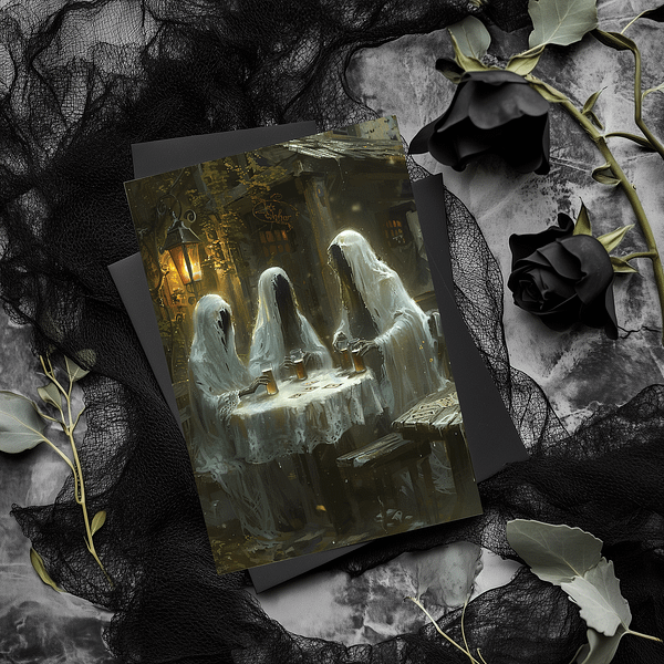 A moody scene shows three ghostly figures gathered around a table, drinking beer and playing cards. The warm lantern light creates an eerie Halloween atmosphere in this Spooky ghost art.