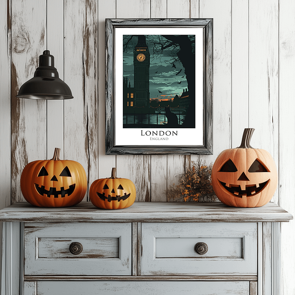 This is a framed piece of Halloween London Art featuring Big Ben with bats flying through the dark sky. The scene is styled with two jack-o'-lanterns on a light blue rustic cabinet against a white wooden wall, creating a cozy and spooky Halloween vibe with gothic touches.