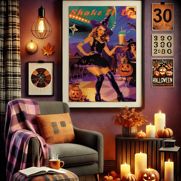 Retro Halloween decor in a living room with candles, autumn leaves, and an armchair draped with a plaid blanket. Dark purple and orange tones create a cozy Halloween vibe.