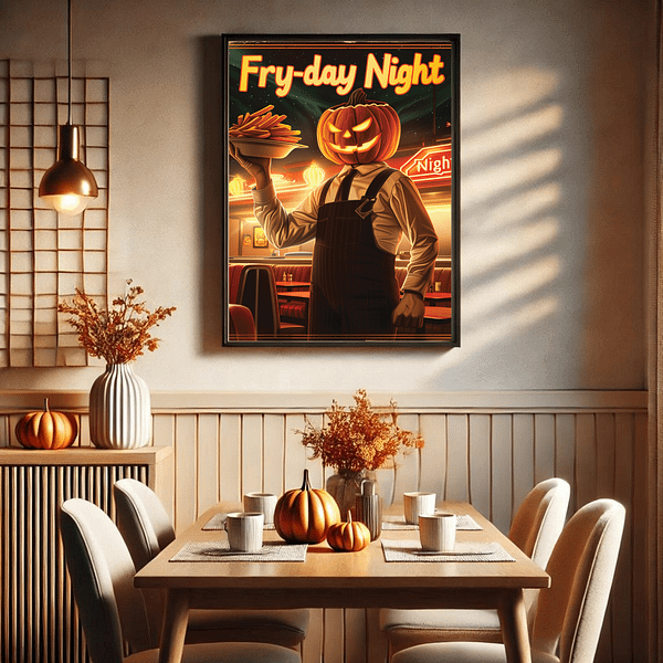 A bright dining room mockup with a 3:4 framed Retro Halloween Diner Art on the wall. The warm autumn light, pumpkins, and minimalist decor create a welcoming vibe for Halloween.