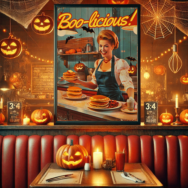 A vibrant Retro Halloween Poster showing a cheerful woman in a 1950s diner. She’s serving a stack of pancakes with pumpkins and bats around her, creating a playful and spooky Halloween atmosphere. The warm lighting and vintage decor of the diner emphasize the nostalgic charm.