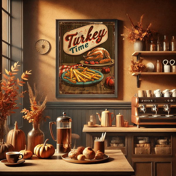 The Retro Thanksgiving Poster hangs on the wall of a cozy café. The counter is adorned with pumpkins, a coffee maker, and warm autumn decorations. The soft lighting adds to the space's nostalgic Thanksgiving feel.