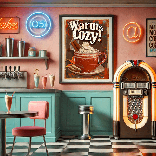 A Retro Hot Chocolate poster in a retro-style café with neon signs, pastel colors, and a jukebox completes the nostalgic look. A cozy fall vibe with pumpkins and checkerboard floors completes the look.