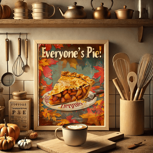 A Retro Thanksgiving Decor poster shows apple pie in a kitchen surrounded by vintage utensils and wooden decor. The warm brown and beige tones and the autumn pumpkins create a nostalgic and inviting Thanksgiving kitchen atmosphere.