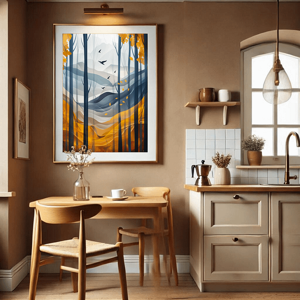 This is a warm, minimalist kitchen with light wood furniture and neutral decor. The Aspen Autumn Wall Art hangs on the wall, complementing the kitchen's earthy tones and creating a cozy atmosphere.