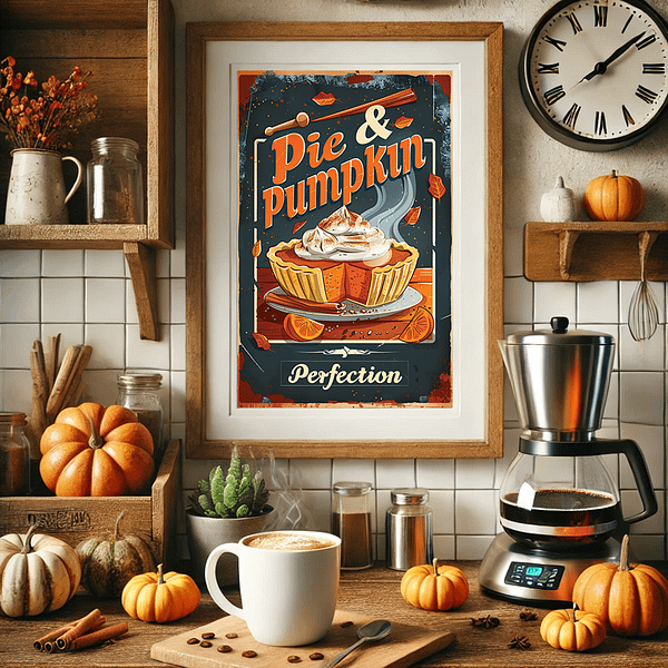 A cozy kitchen with a retro autumn poster hanging on the wall, surrounded by pumpkins, a coffee maker, and a wooden shelf filled with spices, creating a perfect fall mood.