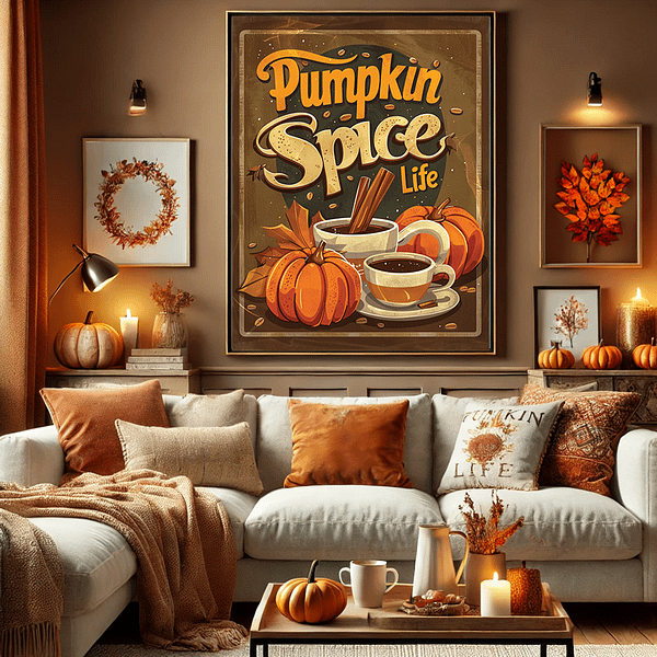 "Pumpkin Spice Life" poster as a focal point in a living room with warm orange and brown tones, surrounded by pumpkins and soft textures, adding a cozy autumn retro decor vibe.