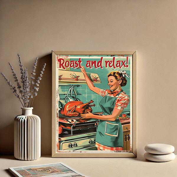 A framed retro Thanksgiving poster with the text "Roast and Relax" hanging on a neutral-colored wall. The design features a 1950s housewife cheerfully preparing a golden-brown turkey in a teal kitchen. The poster’s soft blue, red, and orange tones stand out against the beige background, with a minimalist ceramic vase holding lavender sprigs next to it.