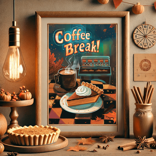 The Retro Autumn Decor poster hangs in a rustic cafe, featuring coffee and pumpkin pie. The soft lighting and autumn decorations create a warm, nostalgic feel with earthy tones, perfect for cozy fall decor.