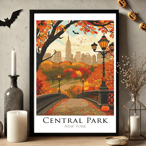 An autumn Central Park scene with bright fall colors and the Empire State Building in the distance. The artwork is surrounded by Halloween decor, including pumpkins and candles, in a cozy, warm-toned room.