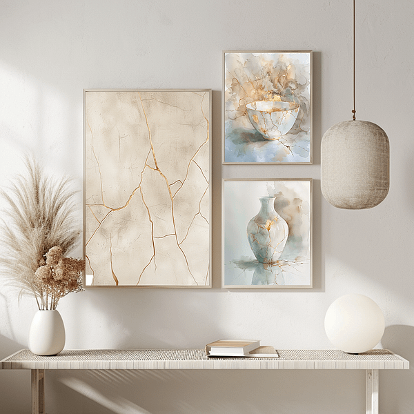 Three Wabi Sabi wall art pieces feature a cracked vase, a Kintsugi teacup, and a textured cracked wall. Soft earthy tones and gold accents bring tranquility and highlight imperfections, balancing the minimalist decor.