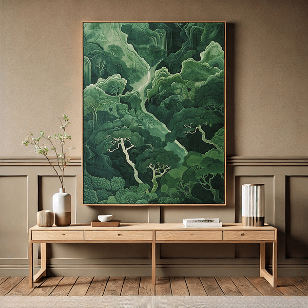 Japandi Forest Decor print with a tranquil green forest in a wood frame, set above a wooden console with natural vases, creating a calm and harmonious atmosphere.