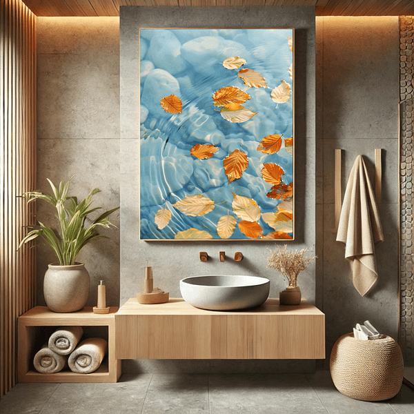 Golden autumn leaves float peacefully on the surface of serene blue water, creating ripples. The scene is captured in soft lighting with a wooden-toned bathroom interior, including neutral-colored towels and plants. Japandi wall art autumn.