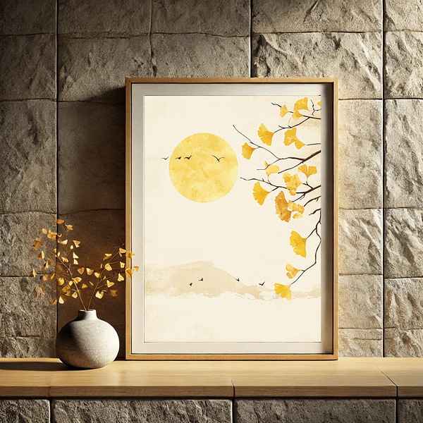 Minimalist Japandi Ginkgo Art Autumn displayed on a stone-textured wall with a wooden vase holding golden ginkgo leaves. The warm tones of the artwork harmonize with the grey stone wall, creating a peaceful, natural atmosphere. The design features a golden sun and ginkgo leaves.