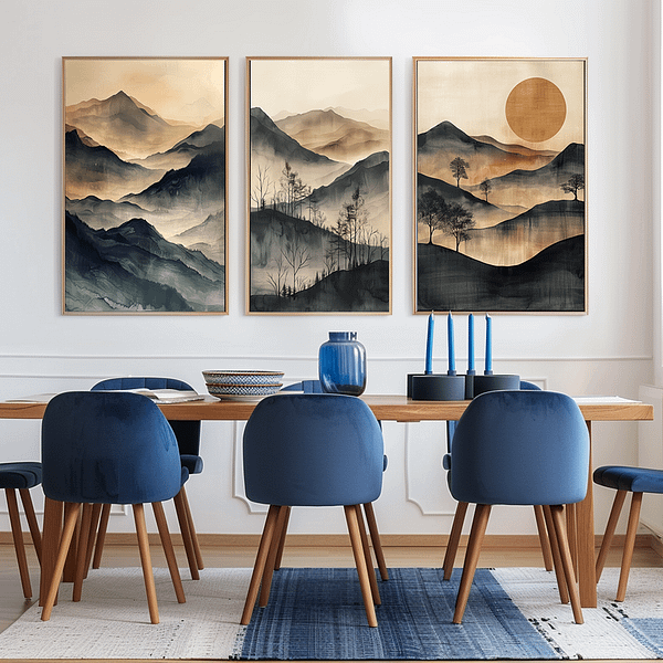 Three minimalist Japanese landscape prints in vertical frames show misty mountains and bare trees in soft beige and blue tones. They are in a modern dining room with blue chairs and a wooden table.