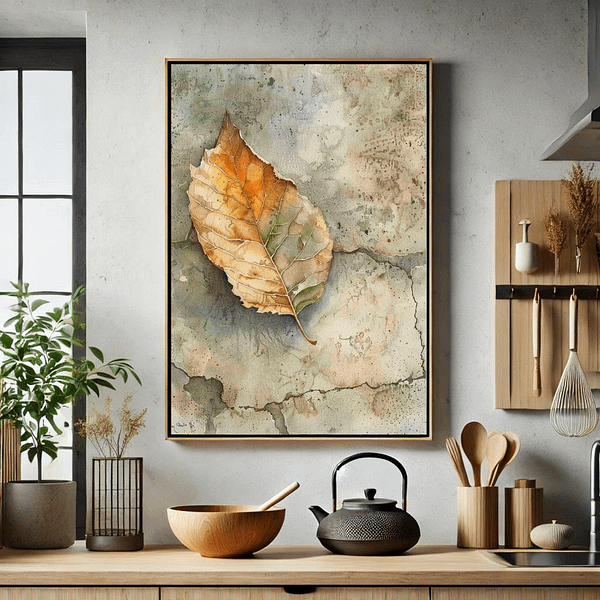 A warm kitchen with neutral tones features large wabi-sabi leaf art in soft browns and oranges. The natural leaf print is hung above wooden utensils, adding a serene autumn vibe.