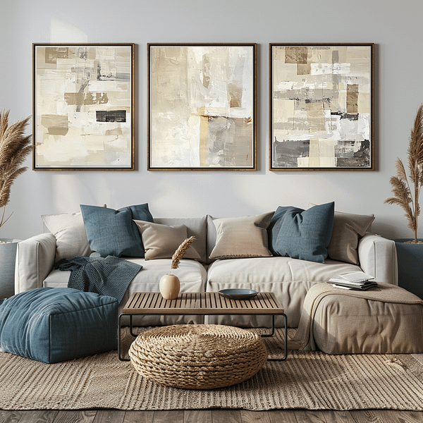 A modern living room with a cozy neutral-toned sofa and blue cushions. Three Minimalist Japanese Digital Wall Art pieces in beige, cream, and off-white tones hang above, adding a serene and calming atmosphere to the room. The art features abstract shapes in natural hues, blending seamlessly with the textured decor and soft lighting. Pampas grass decor complements the neutral color scheme.