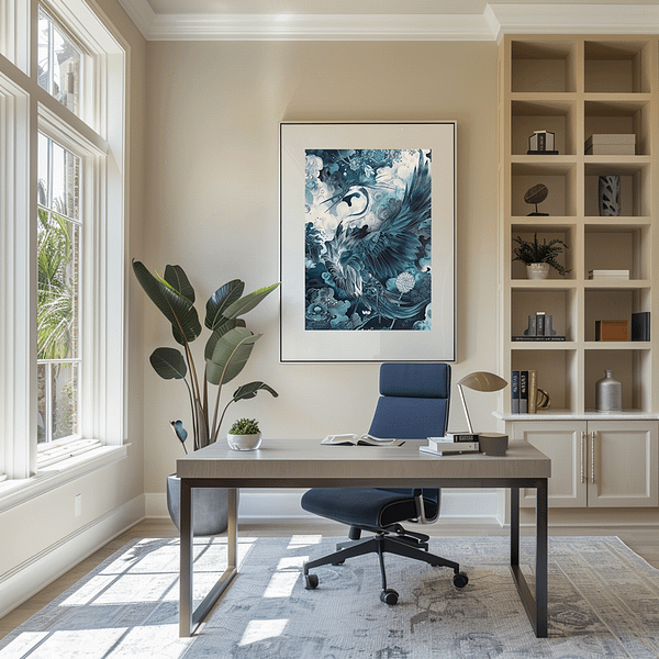 Japandi's mystical crane artwork is displayed in a vertical frame in a modern office with beige walls, large windows, and a sleek desk. A plant adds greenery, while the cool blue tones of the art create a calming, serene atmosphere.