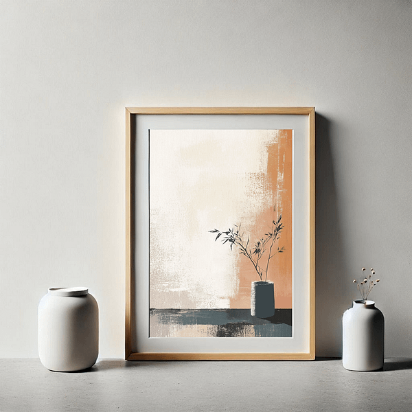 A framed Japanese minimalist Wall Art featuring neutral tones and a vase with delicate branches. The artwork is displayed on a clean white wall with modern ceramic vases, highlighting the simplicity and elegance of the decor.