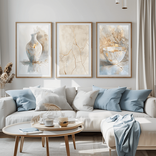 Three Wabi Sabi wall art pieces—a Kintsugi teacup, cracked vase, and textured wall—are displayed above a sofa. Soft, earthy tones with gold details create a calming, cozy atmosphere in this warm, inviting space.