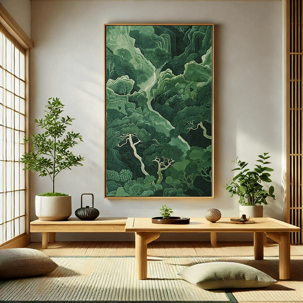 Japandi Forest Decor features a peaceful green forest above a low wooden table in a minimalist zen room with natural light and plants, evoking a meditative atmosphere.