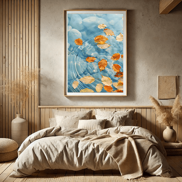 A calming image of golden autumn leaves resting on rippling water, displayed in a bedroom with soft beige bedding, wooden panel walls, and natural tones. The artwork enhances the peaceful, minimalist space. Japandi wall art autumn.