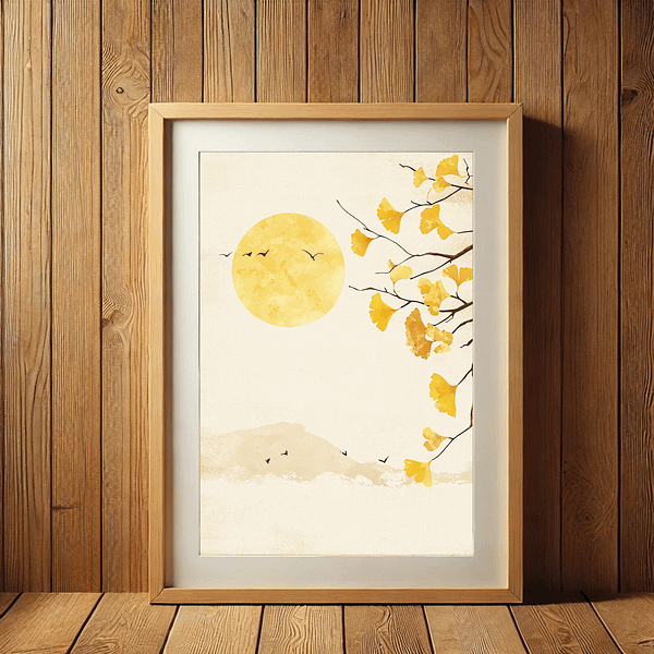 Japandi Ginkgo Art Autumn is displayed in a vertical wooden frame on a rustic wooden wall. The artwork shows golden ginkgo leaves and a serene sun, blending perfectly with the warm, natural wood tones and evoking a calming and natural environment.