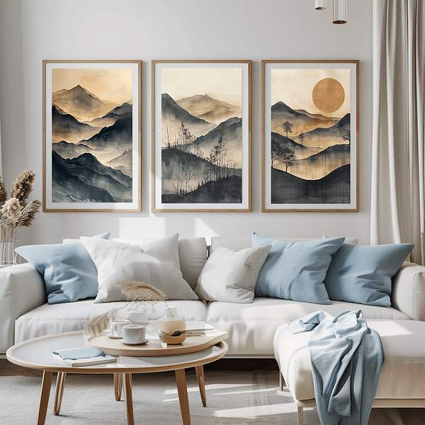 Three vertical minimalist Japanese landscape prints featuring foggy mountains. The artwork is in a light, modern living room with neutral decor and blue accents.