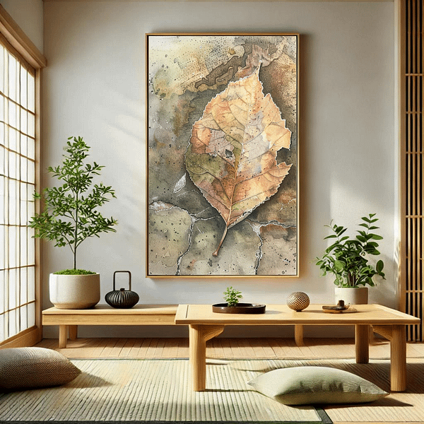 Wabi-sabi leaf art in a cozy meditation room. The artwork features soft earth tones of beige, olive, and brown. Candles and pillows in soft lighting create a peaceful, zen ambiance.