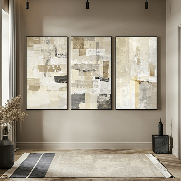 Three vertical framed Minimalist Japanese Digital Wall Art pieces on a modern neutral wall. The art features abstract beige, cream, and off-white tones with geometric shapes and textured layers, creating a calm, serene atmosphere. The minimalist setting is complemented by clean lines, simple decor, and natural light pouring in through tall windows, adding to the tranquility.