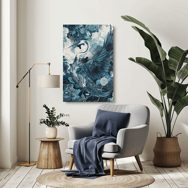 Japandi mystical crane artwork in a cozy reading nook with a light armchair, potted plant, and soft lighting. The cool blue tones of the artwork harmonize with the minimalist decor, offering a peaceful, relaxing space.