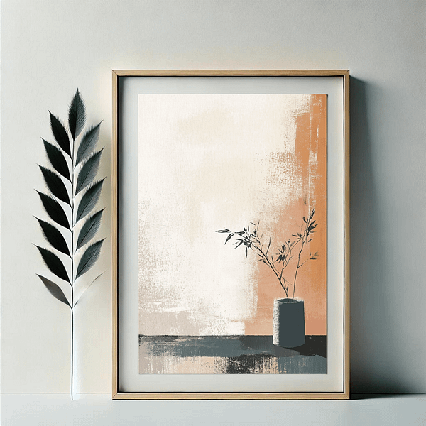 A framed piece of Japandi Minimalist Wall Art Is displayed on a white wall, complemented by a tall green leaf. The soft beige and terracotta tones and minimalist design create a peaceful, natural atmosphere.