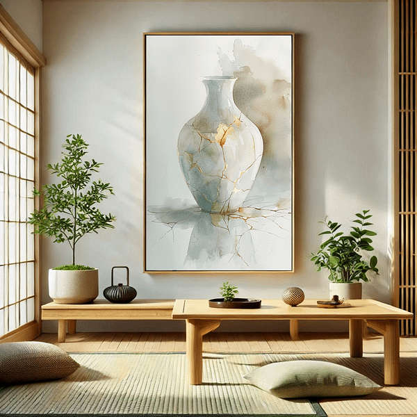 A large Wabi Sabi art piece of a cracked vase repaired with gold is displayed in a peaceful Zen-style room. Neutral tones and natural elements bring the space a calming, serene feeling.