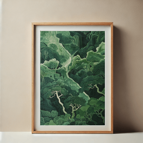 Japandi Forest Decor Framed Green Forest in Minimalist Room