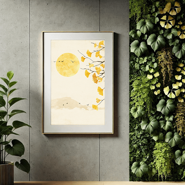 Minimalist Japandi Ginkgo Art Autumn showcased next to a vertical green plant wall. The warm yellow of the ginkgo leaves contrasts with the lush green plants, creating a peaceful, nature-inspired atmosphere with a serene golden sun in the artwork.