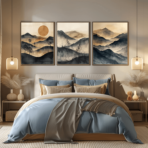 A serene bedroom features three vertical frames of minimalist Japanese landscapes. Soft beige and blue mountains surround a cozy bed, creating a calming atmosphere.