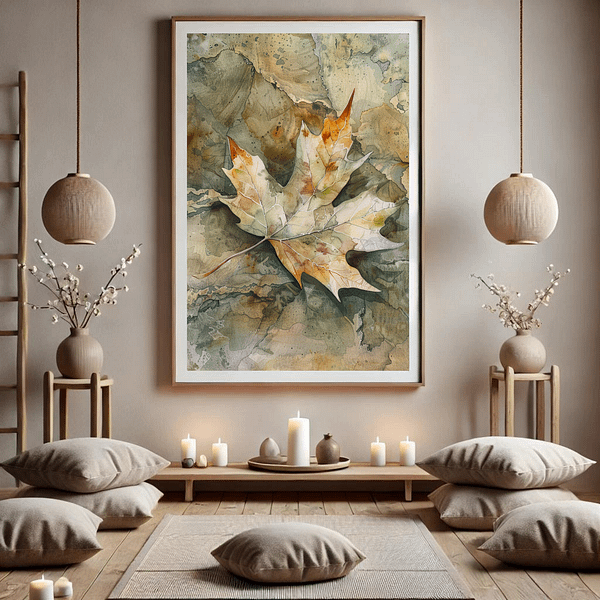 Three wabi-sabi leaf art prints in wooden frames hang in a dining room with earthy decor. The prints feature autumn tones of orange, brown, and green, creating a natural, calming atmosphere.